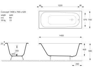 Ванна чугунная Vinsent Veron Concept VCO1407042H 140x70см с отверстиями для ручек